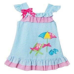 Rare Editions Beach Chair Blue White Gingham Seersucker Ruffled Dress Sz 24 mo